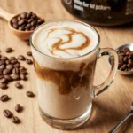 Protein and coffee shake served in a glass with creamy texture and rich coffee swirls