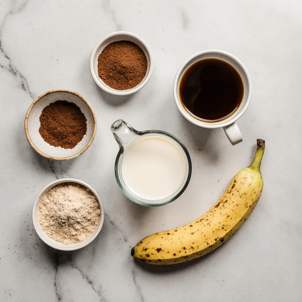 Protein and coffee shake ingredients including cold brew, banana, and protein powder