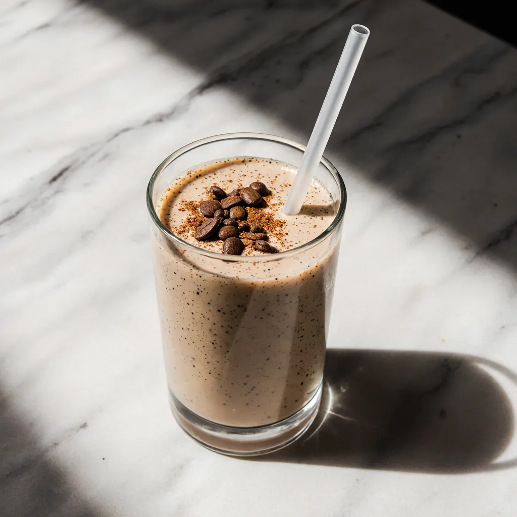 Protein and coffee shake served cold with cinnamon and coffee bean garnish