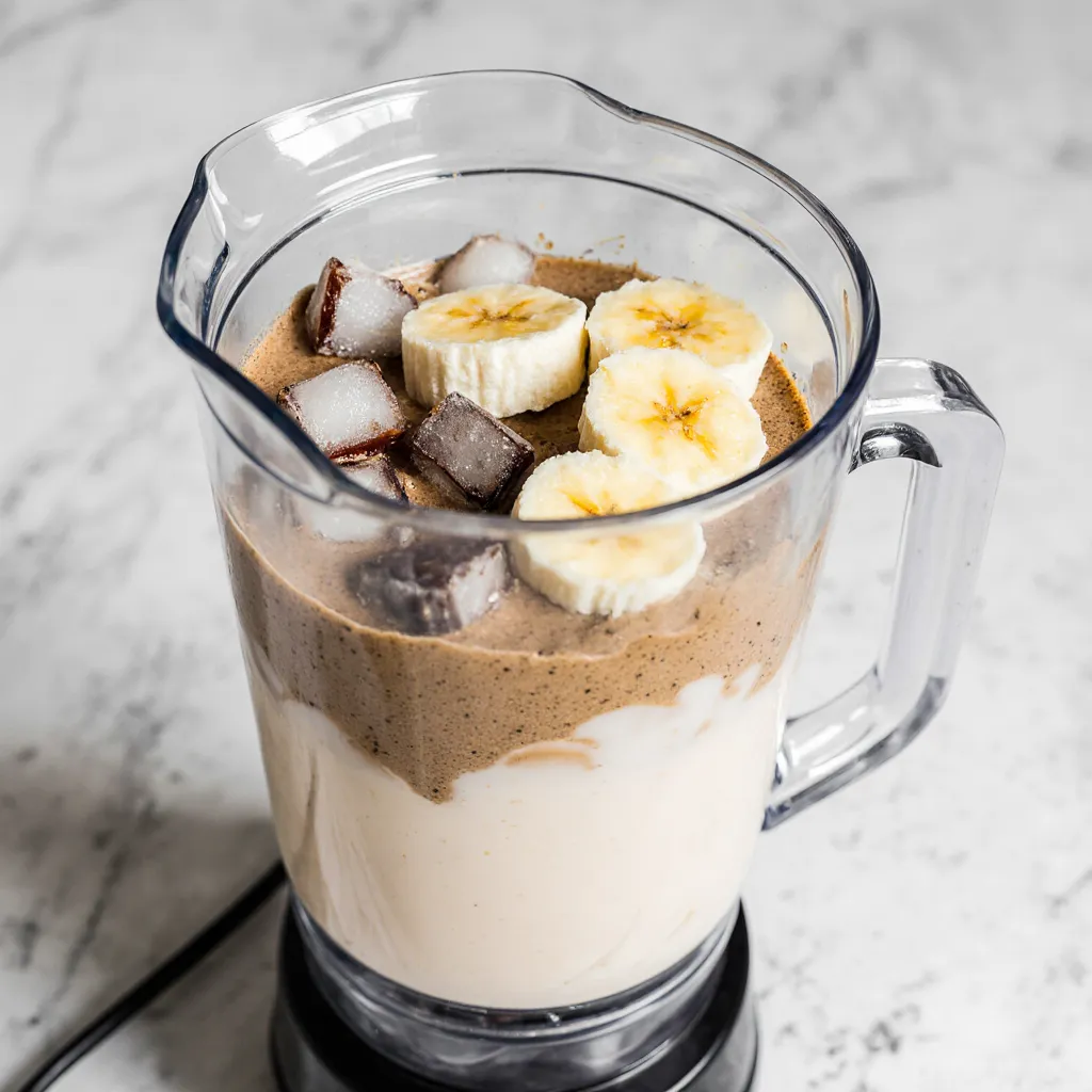 Layered protein and coffee shake with frozen banana and coffee cubes blended for perfect creamy texture
