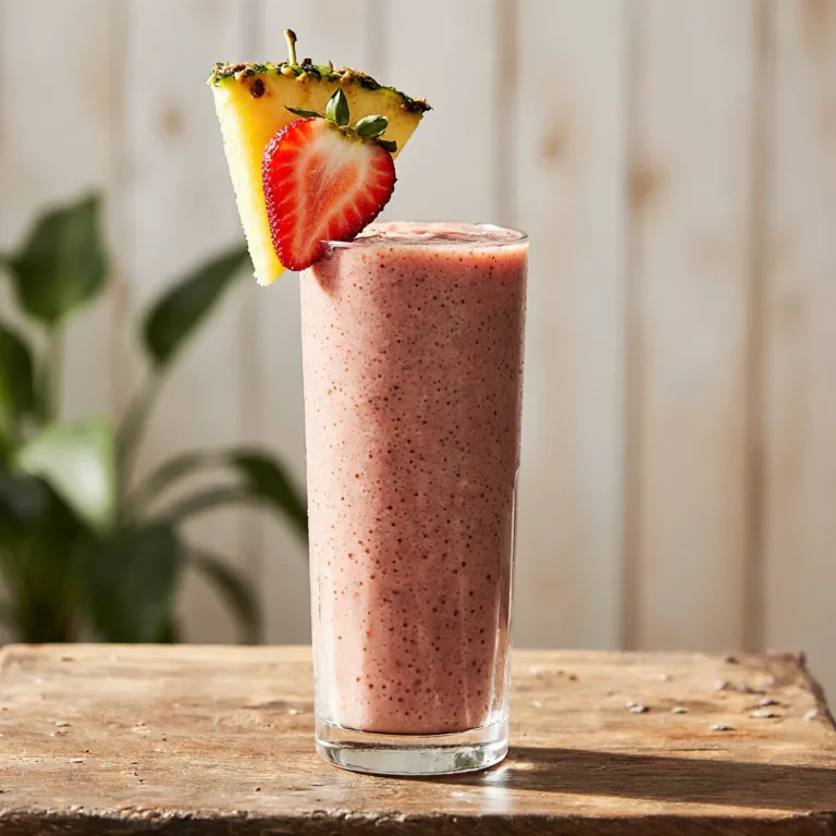 Glass of strawberry and pineapple smoothie topped with fresh fruit, on a rustic table with tropical kitchen background