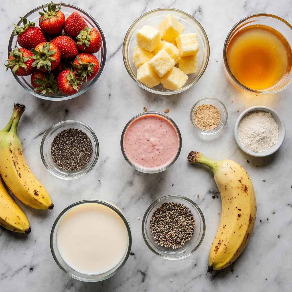 Flat lay of fresh ingredients including strawberries, pineapple, almond milk, and chia seeds arranged on a marble countertop