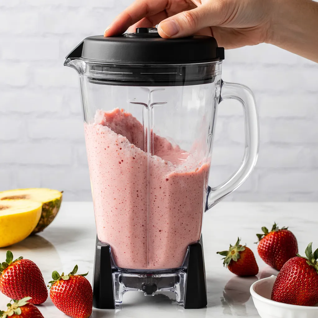Close-up of strawberry and pineapple smoothie being blended in a glass blender with fresh fruit around