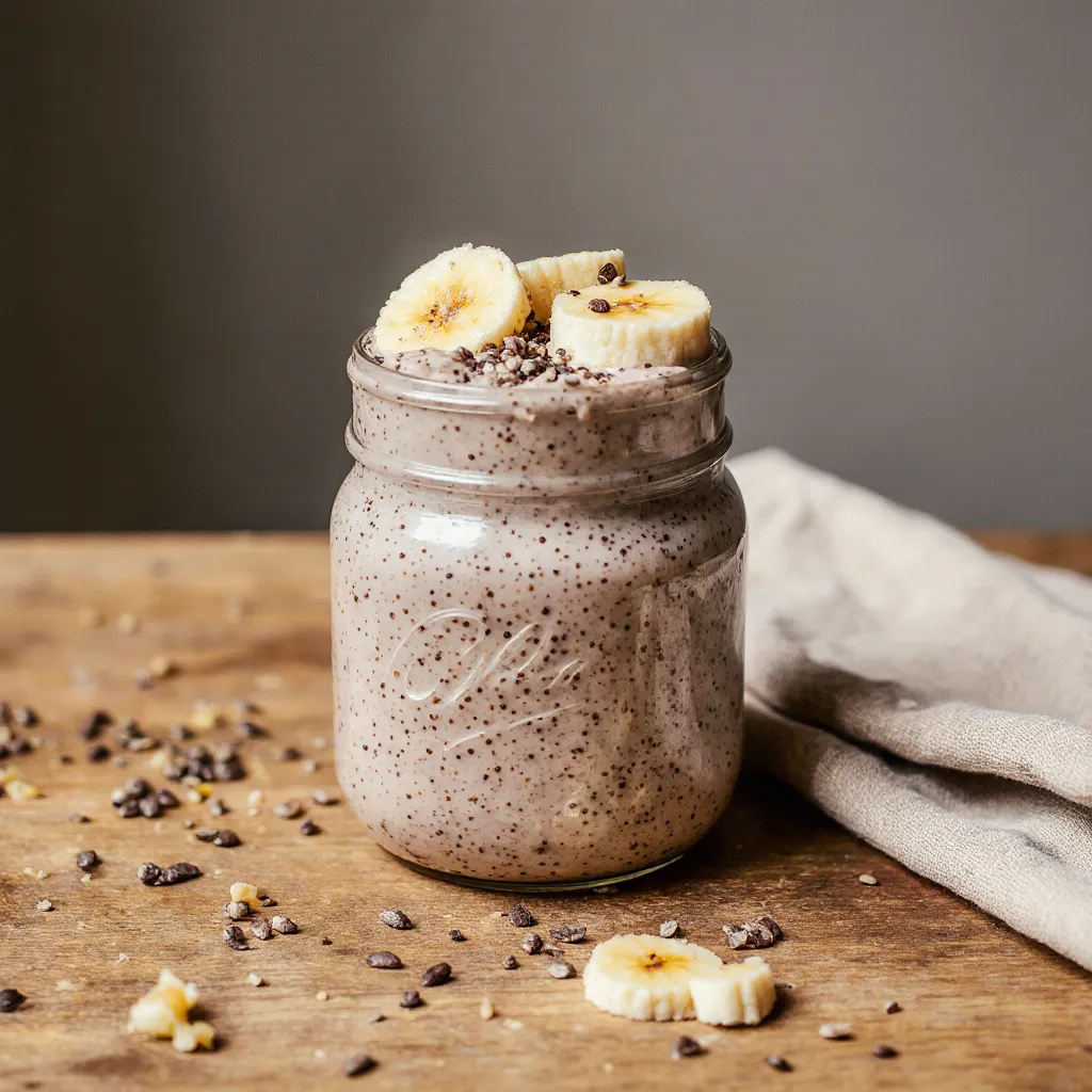 Glass of creamy tofu fruit smoothie with banana garnish on kitchen counter