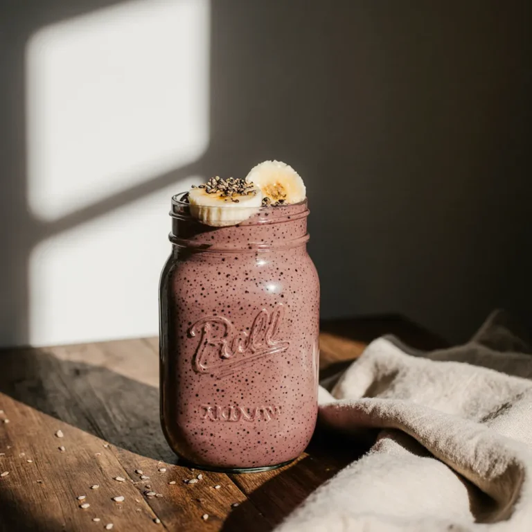 Glass of creamy tofu fruit smoothie with banana garnish on kitchen counter