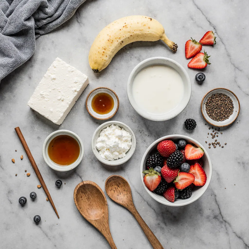 Flat lay of tofu, banana, berries, almond milk, and seeds for a smoothie