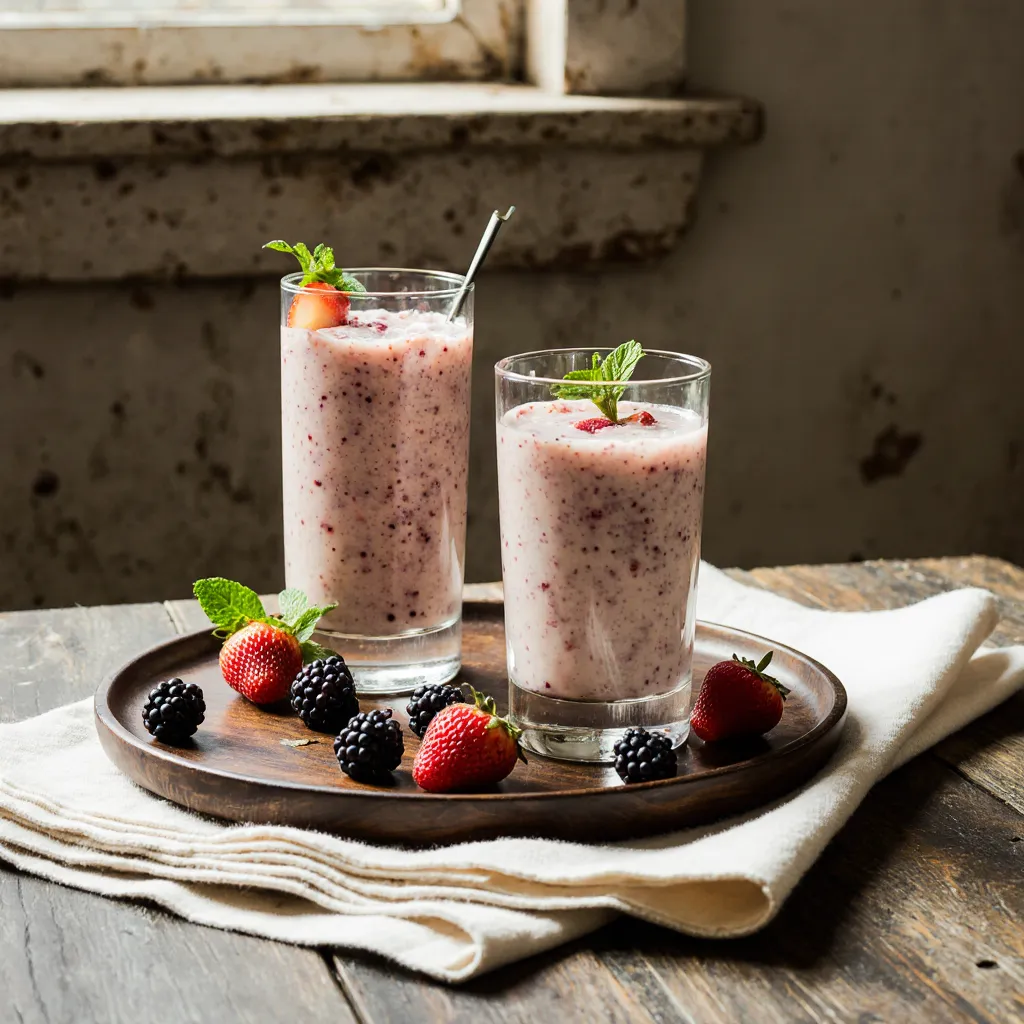 Tofu fruit smoothies served in glasses with berries and mint garnish on a tray