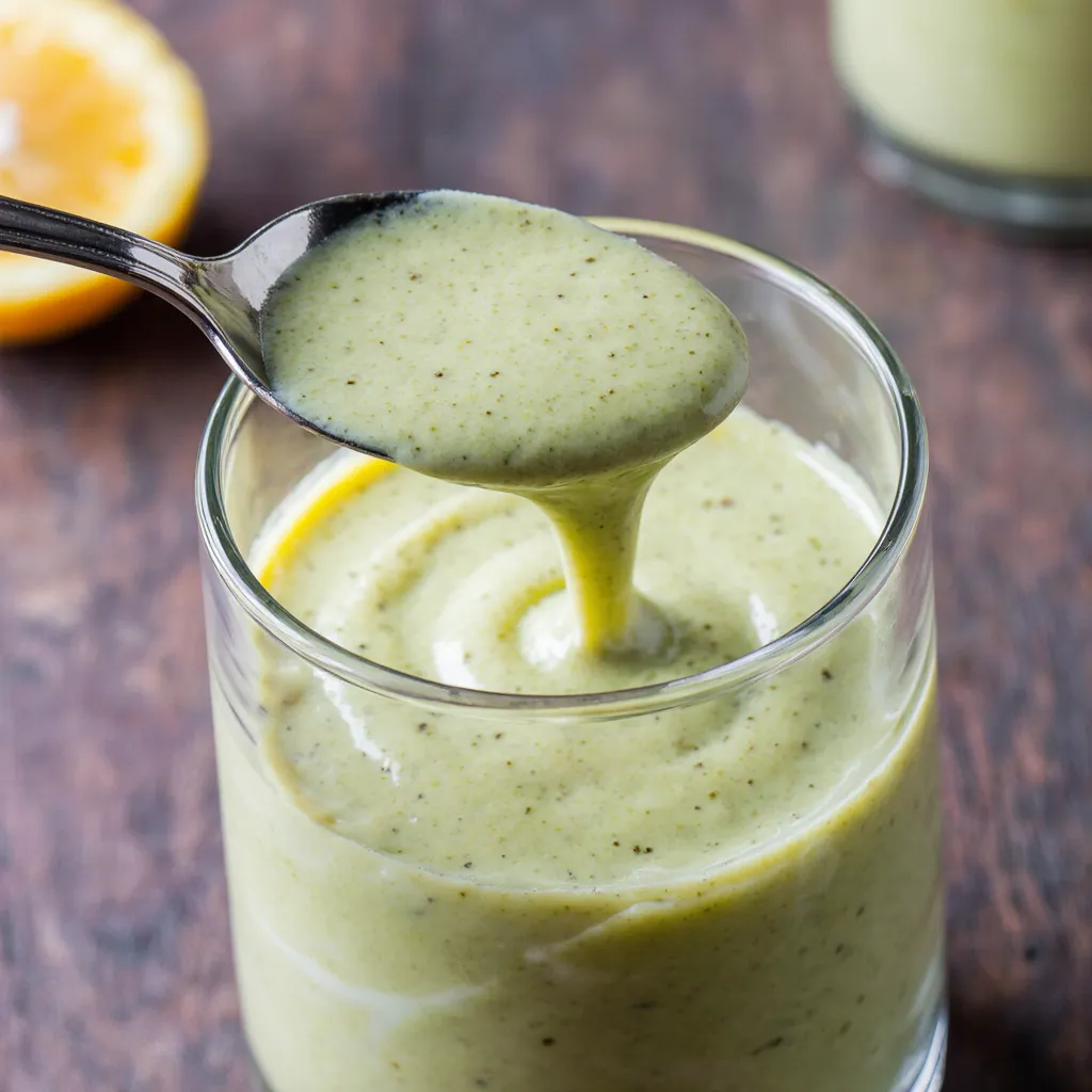 Spoon scooping thick and creamy tofu smoothie showing smooth texture