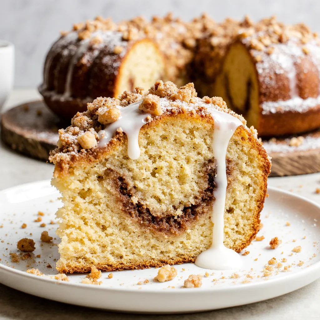 Layered vegan coffee cake with soft crumb, cinnamon swirl, and golden streusel topping