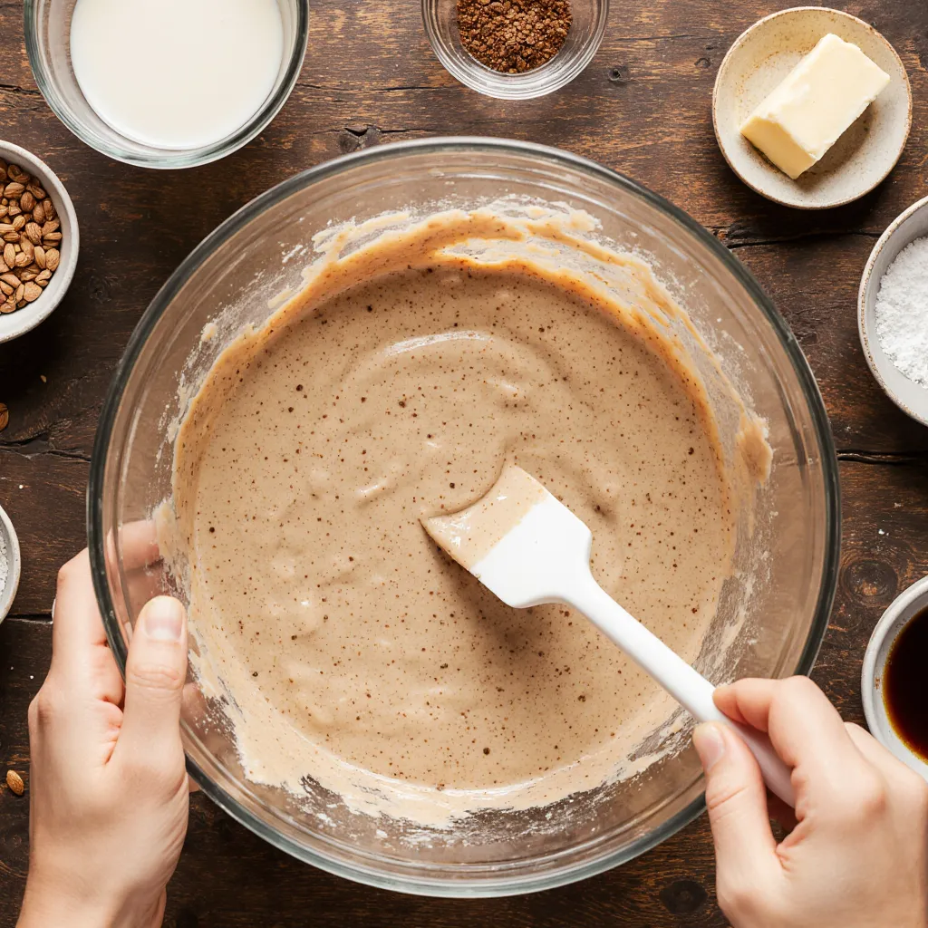 Layering cinnamon streusel into vegan coffee cake batter in baking dish