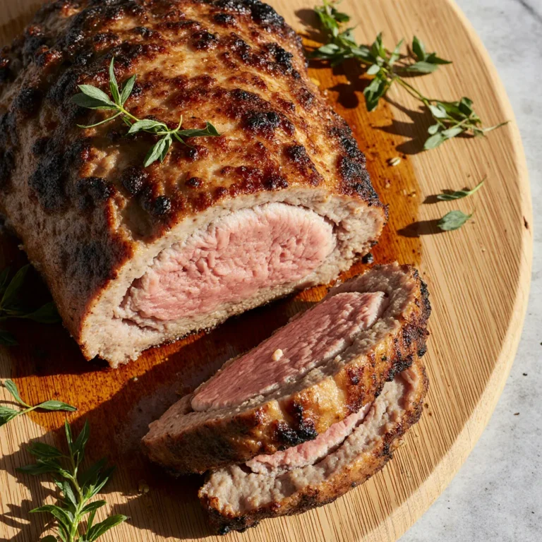 Sliced air fryer chuck roast with crispy crust and juicy center on a wooden board.