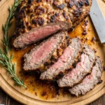 Sliced air fryer chuck roast with crispy crust and juicy center on a wooden board.