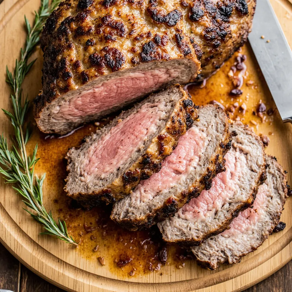 Sliced air fryer chuck roast with crispy crust and juicy center on a wooden board.