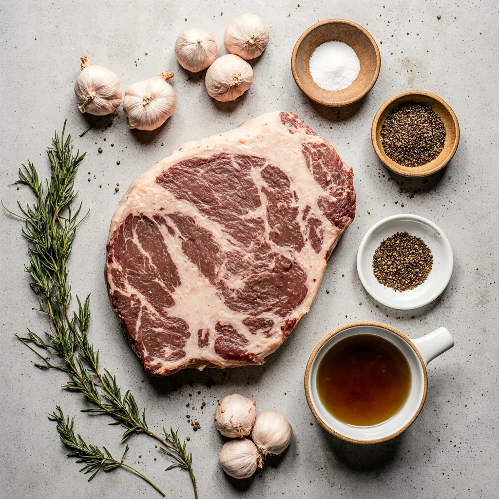 Raw chuck roast surrounded by seasonings and herbs for air frying.