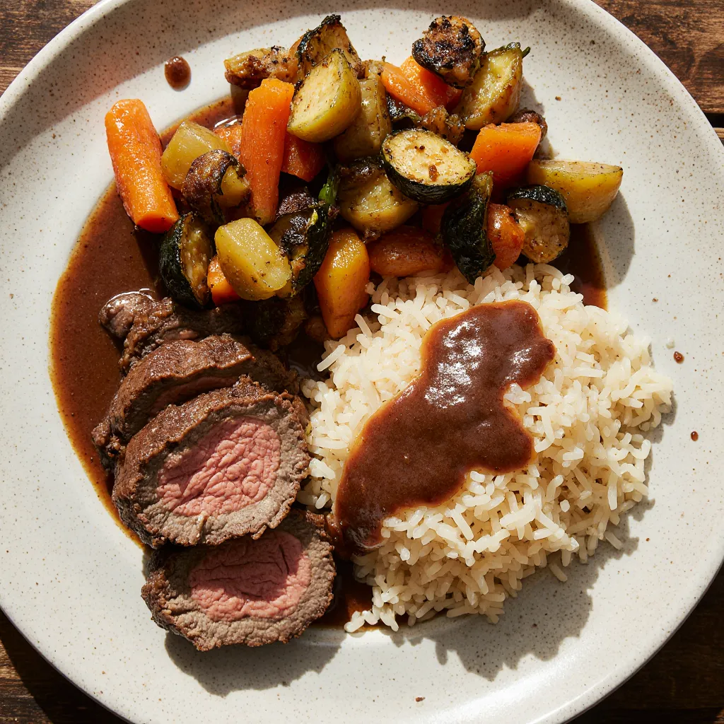 Plated air fryer chuck roast served with rice, vegetables, and gravy.