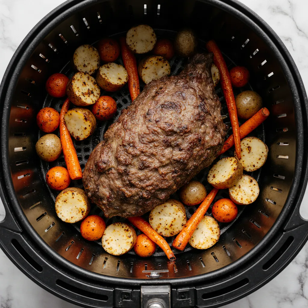Chuck roast in air fryer with root vegetables like carrots and potatoes.