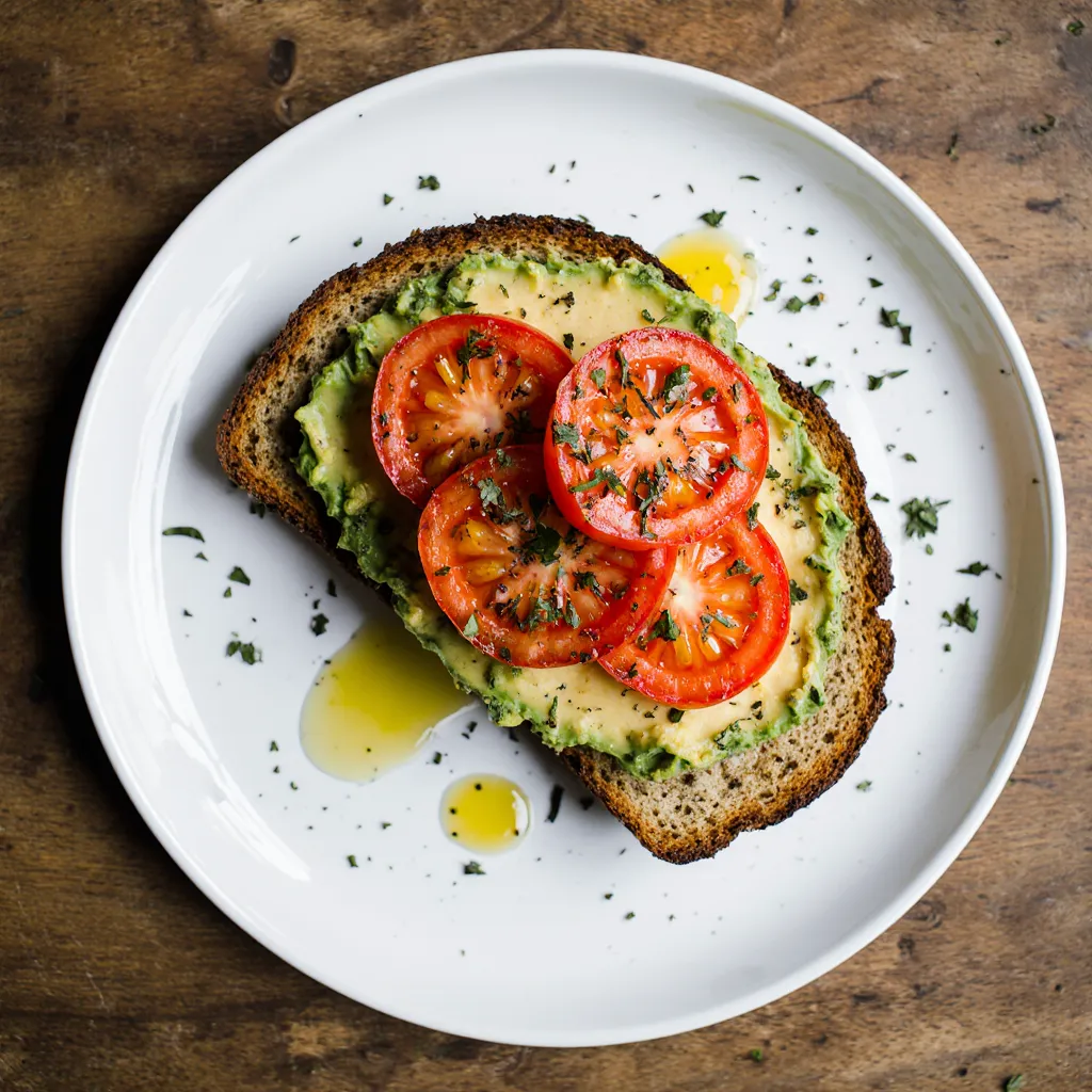 Top-down view of avocado toast with sliced tomatoes on toasted sourdough, garnished with herbs and olive oil