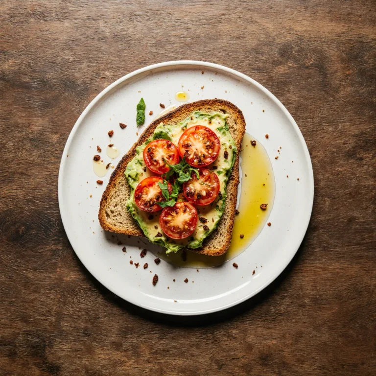 Top-down view of avocado toast with sliced tomatoes on toasted sourdough, garnished with herbs and olive oil