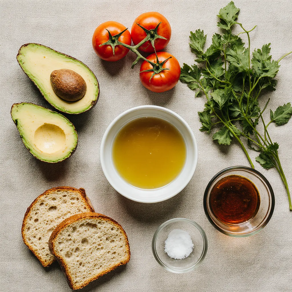 Fresh ingredients for avocado toast with tomato, including ripe avocados, cherry tomatoes, sourdough bread, olive oil, and herbs