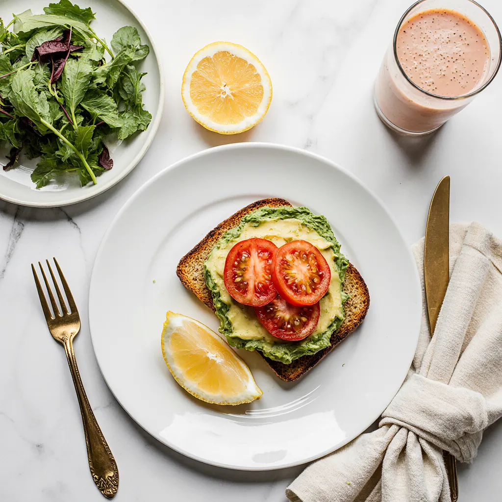 Avocado toast with tomato served with salad, lemon wedge, and smoothie on a breakfast table setting

