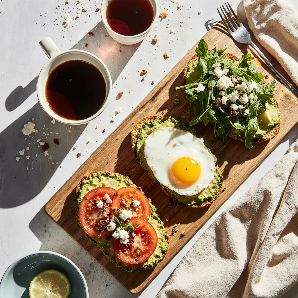 Three creative variations of avocado toast with tomato: one with poached egg, one with feta and microgreens, and one with chili and lime zest