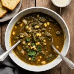 Bowl of cooked collard greens served with pot likker and cornbread on a rustic table, capturing a warm Southern comfort food scene.