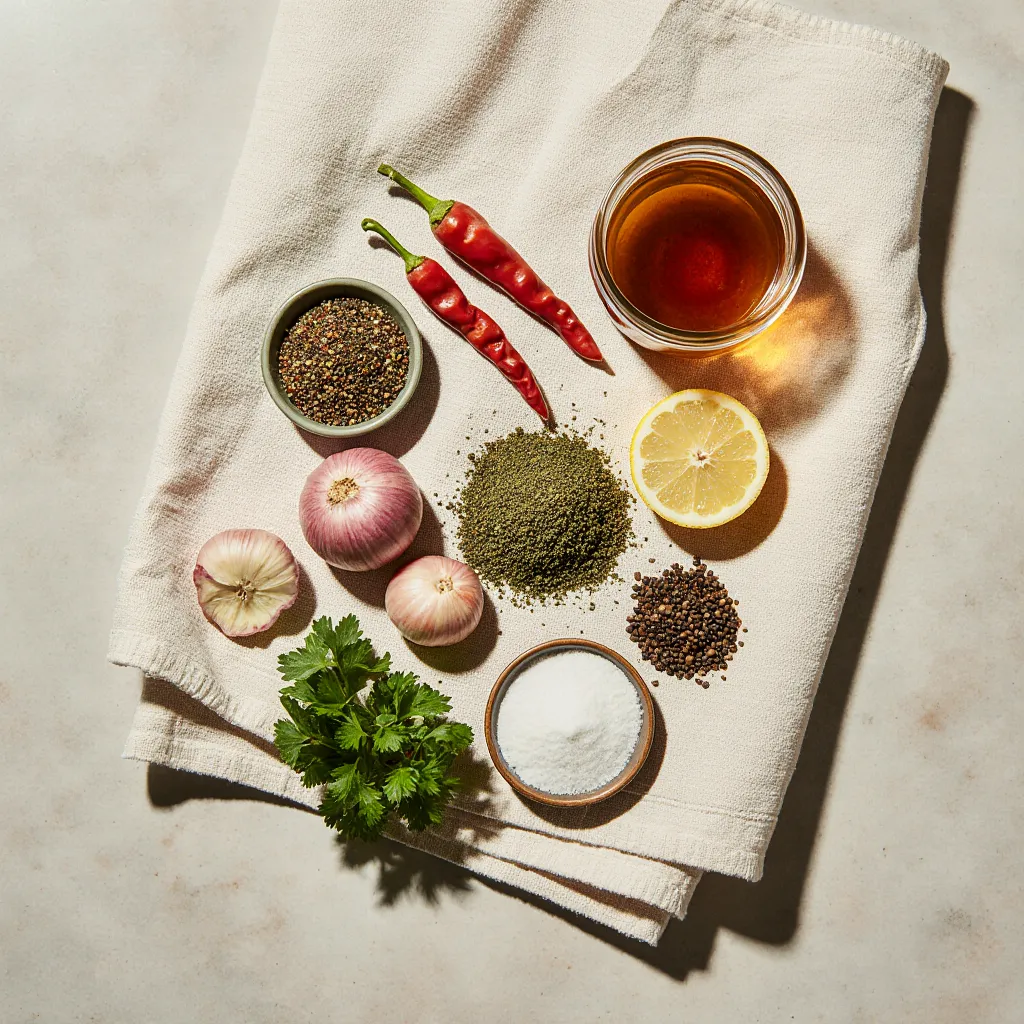 Flatlay of seasoning ingredients for collard greens, including garlic, onion, paprika, lemon, pepper, and broth on a kitchen counter.