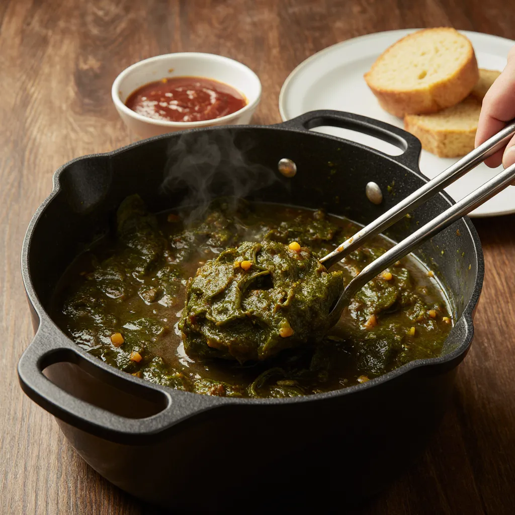 Collard greens being served from a pot into a bowl with visible pot likker, steam, and cornbread in the background.