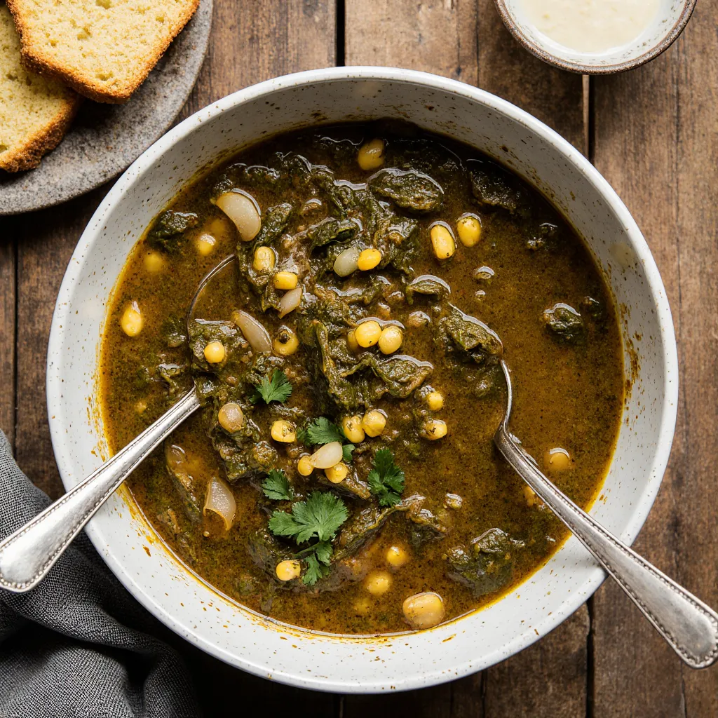 Bowl of cooked collard greens served with pot likker and cornbread on a rustic table, capturing a warm Southern comfort food scene.