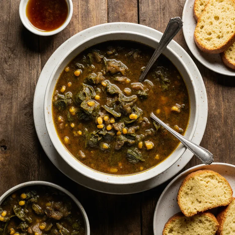 Bowl of cooked collard greens served with pot likker and cornbread on a rustic table, capturing a warm Southern comfort food scene.