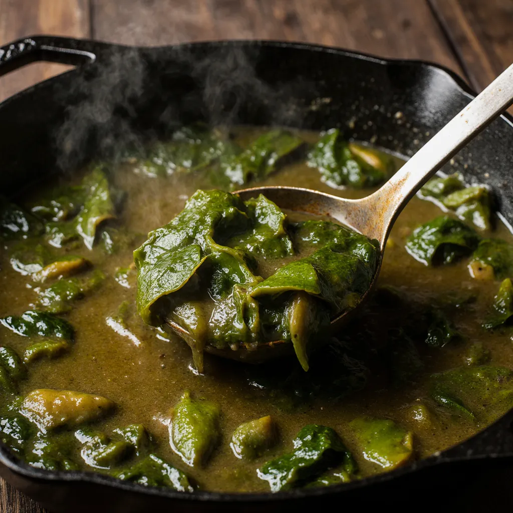 Ladle lifting pot likkur from a simmering pot of collard greens, with visible steam and rich broth texture in a rustic Southern kitchen setting.