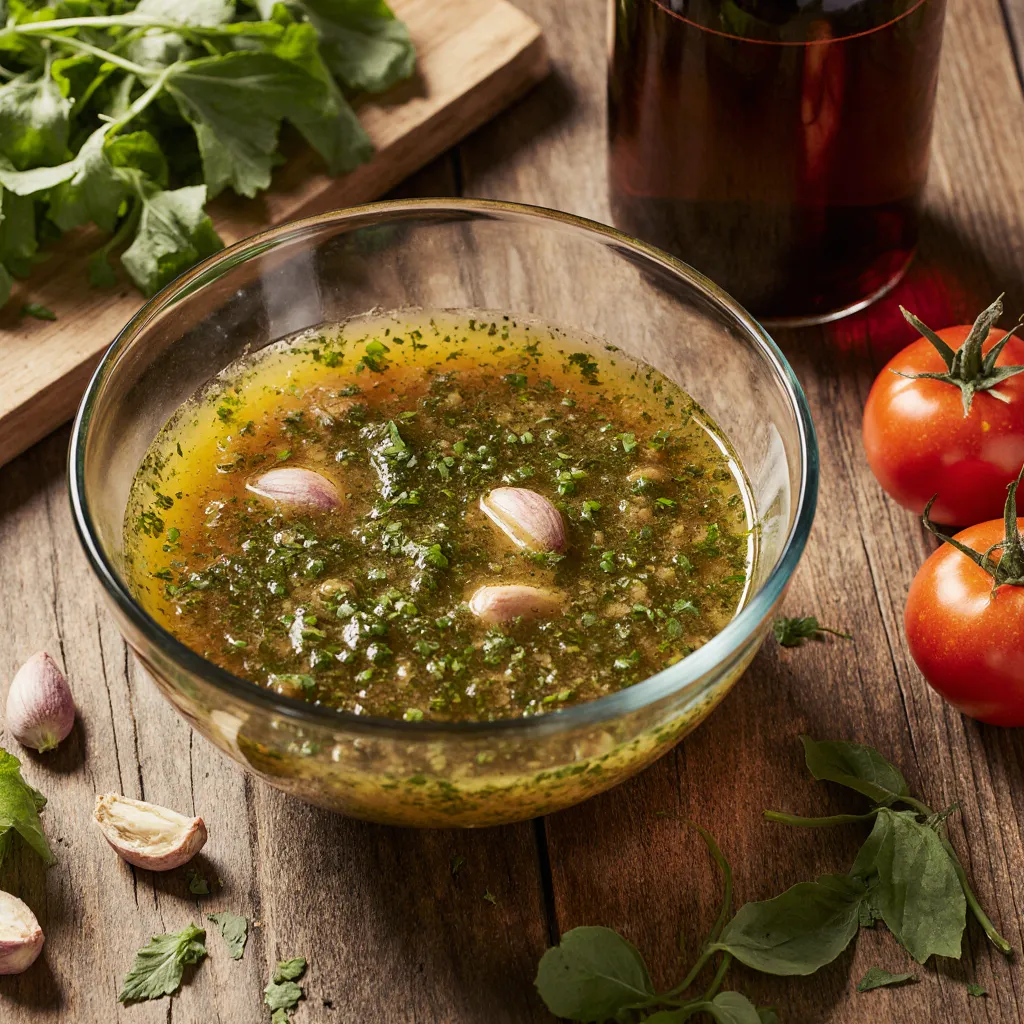 Glass bowl filled with Italian-style salt-free vinaigrette, surrounded by fresh garlic, red wine vinegar, olive oil, and mixed herbs on a rustic countertop.