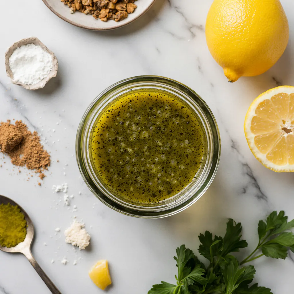 Jar of lemon herb Mediterranean dressing with lemon halves, fresh parsley, cumin seeds, and Dijon mustard on a clean marble kitchen counter.