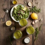 Overhead view of colorful salads with jars of homemade salt-free salad dressings on a rustic wooden table, surrounded by herbs, garlic, and lemons.