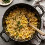 Yellow rice with corn served in a rustic pot with fresh herbs and visible steam.