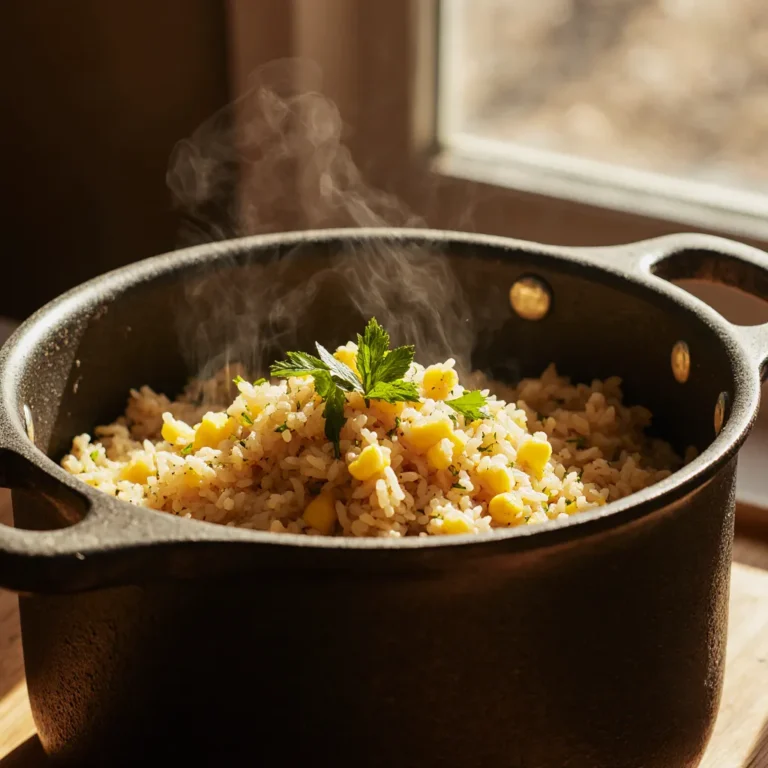 Yellow rice with corn served in a rustic pot with fresh herbs and visible steam.