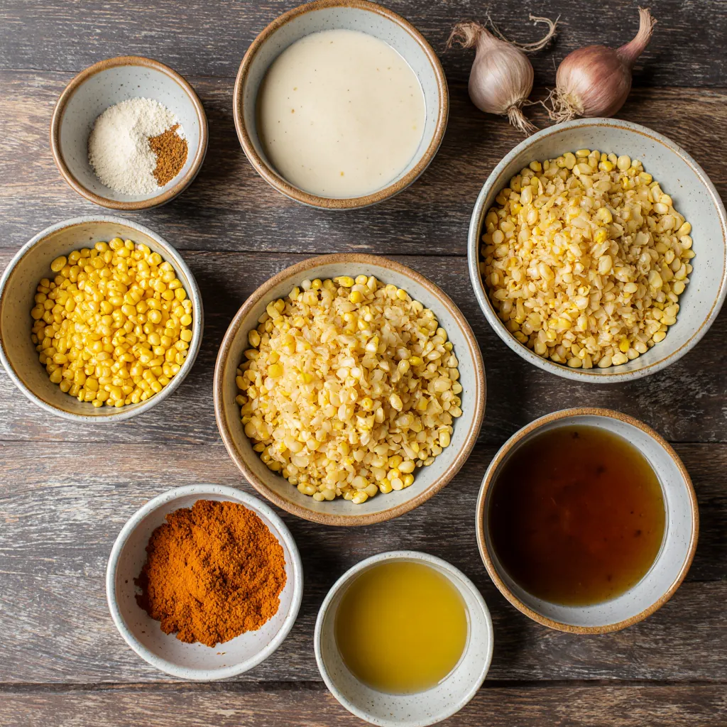 Assorted ingredients for yellow rice corn including rice, corn, spices, garlic, and broth.