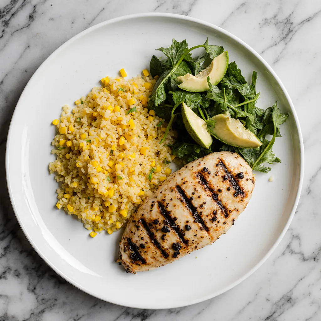 Yellow rice corn served with grilled chicken and avocado salad on a family-style dinner plate.