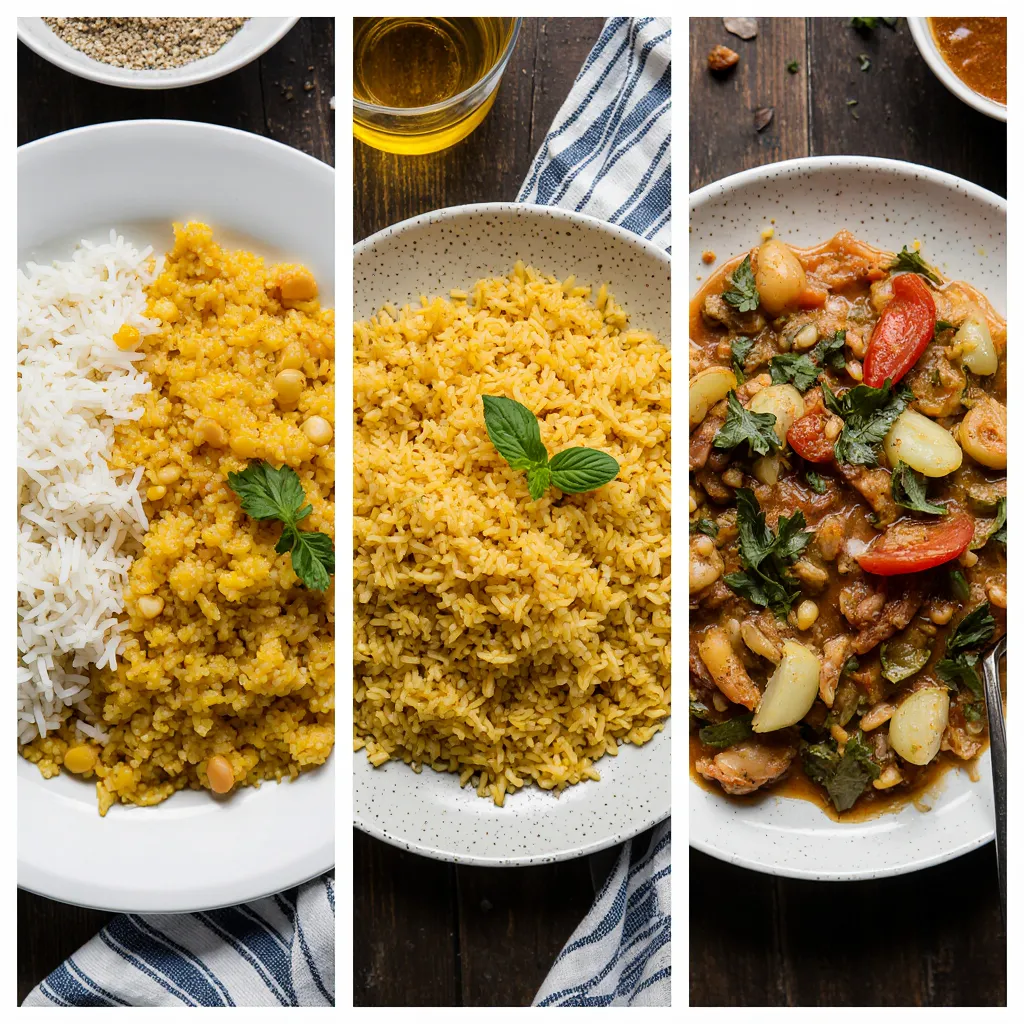 Different yellow rice corn variations: Caribbean, Latin-style, and Southern, served on separate plates.