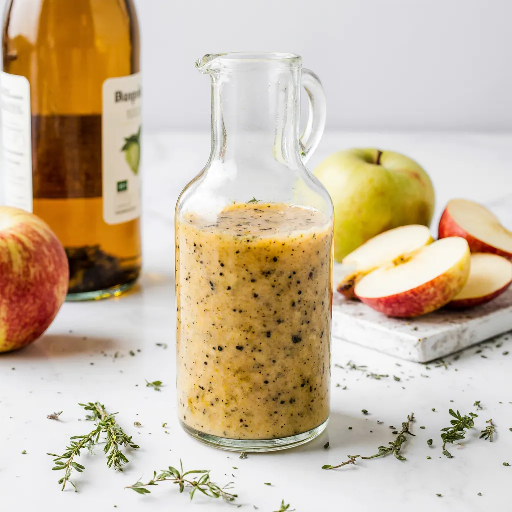Small bottle of apple herb salt-free salad dressing with apple slices, apple cider vinegar, and dried herbs arranged around it on a white surface.
