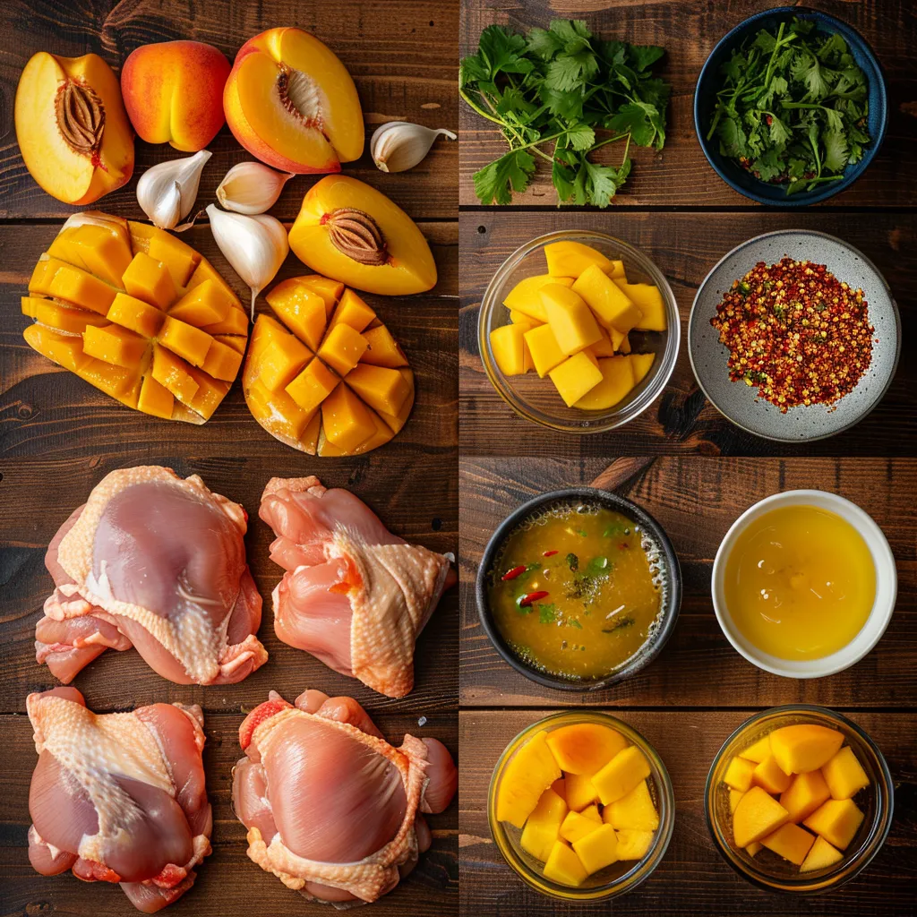 Step-by-step process showing ingredients, marinating, grilling, and glazing chicken thighs with peach and mango sauce.