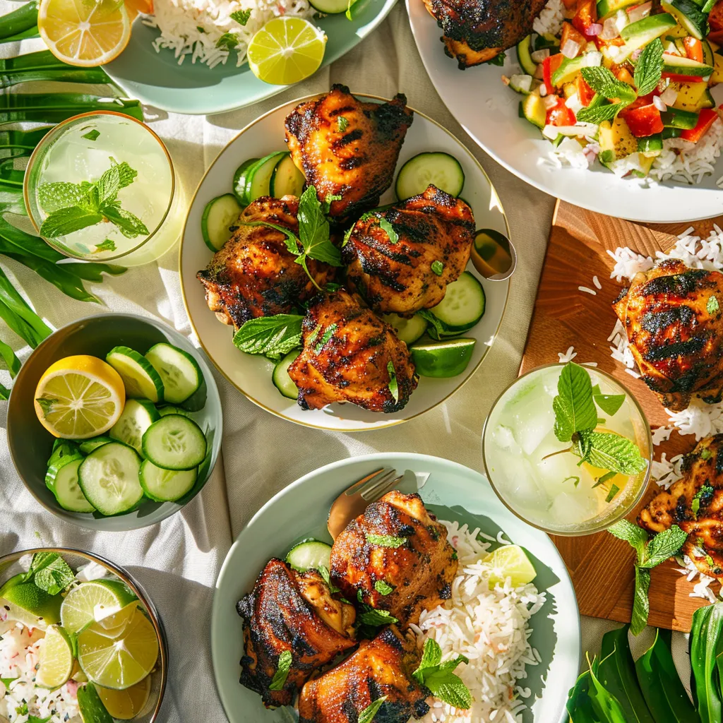 Serving suggestions for grilled chicken thighs with coconut rice, cucumber salad, and tropical drinks.