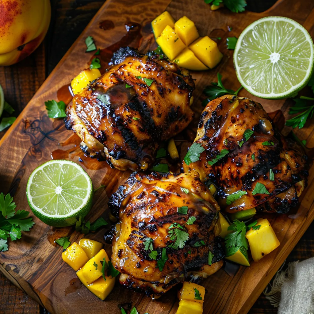 Grilled chicken thighs glazed in peach and mango habanero sauce, served with tropical fruits and lime.