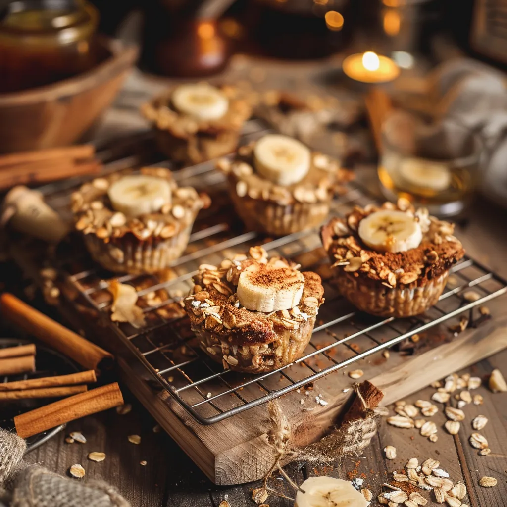 Golden baked oatmeal cups on a cooling rack with scattered oats and bananas.