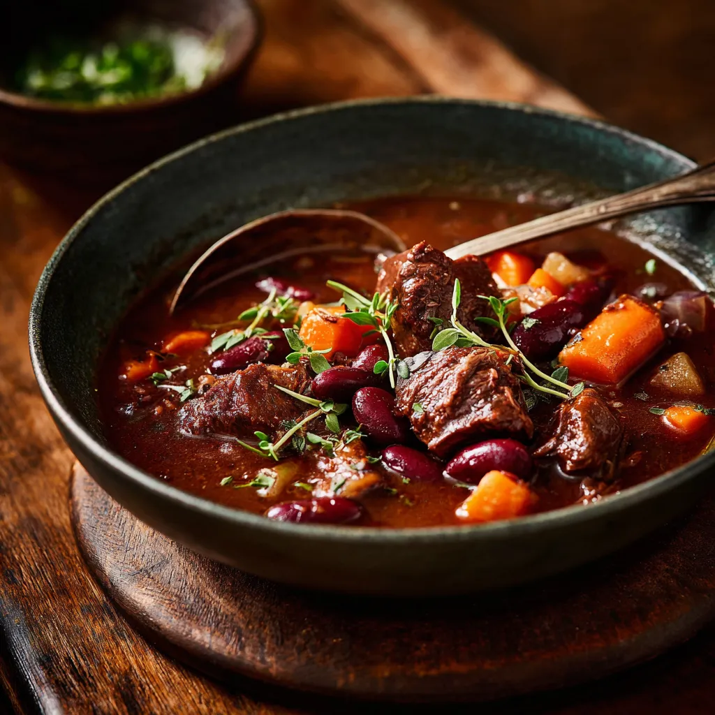 A hearty beef and bean protein-packed soup with tender beef chunks and vegetables in a rich dark broth.