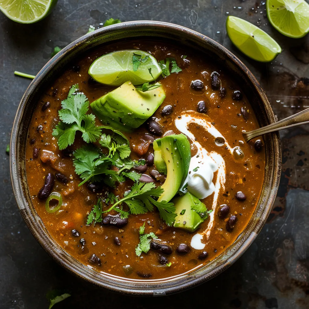 A rich black bean soup topped with sour cream, avocado slices, and fresh herbs.