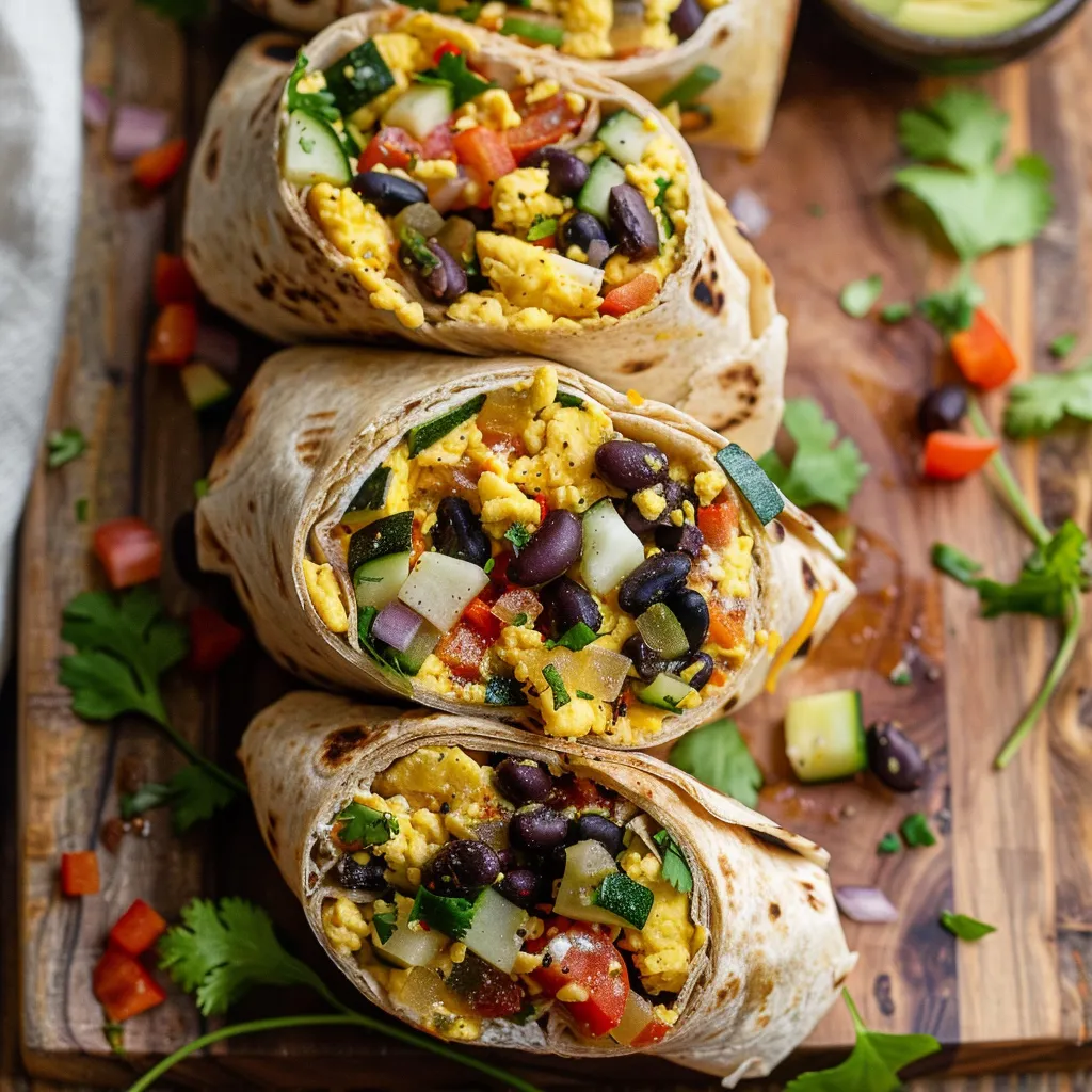 Freezer-friendly breakfast burritos filled with eggs, veggies, and beans.
