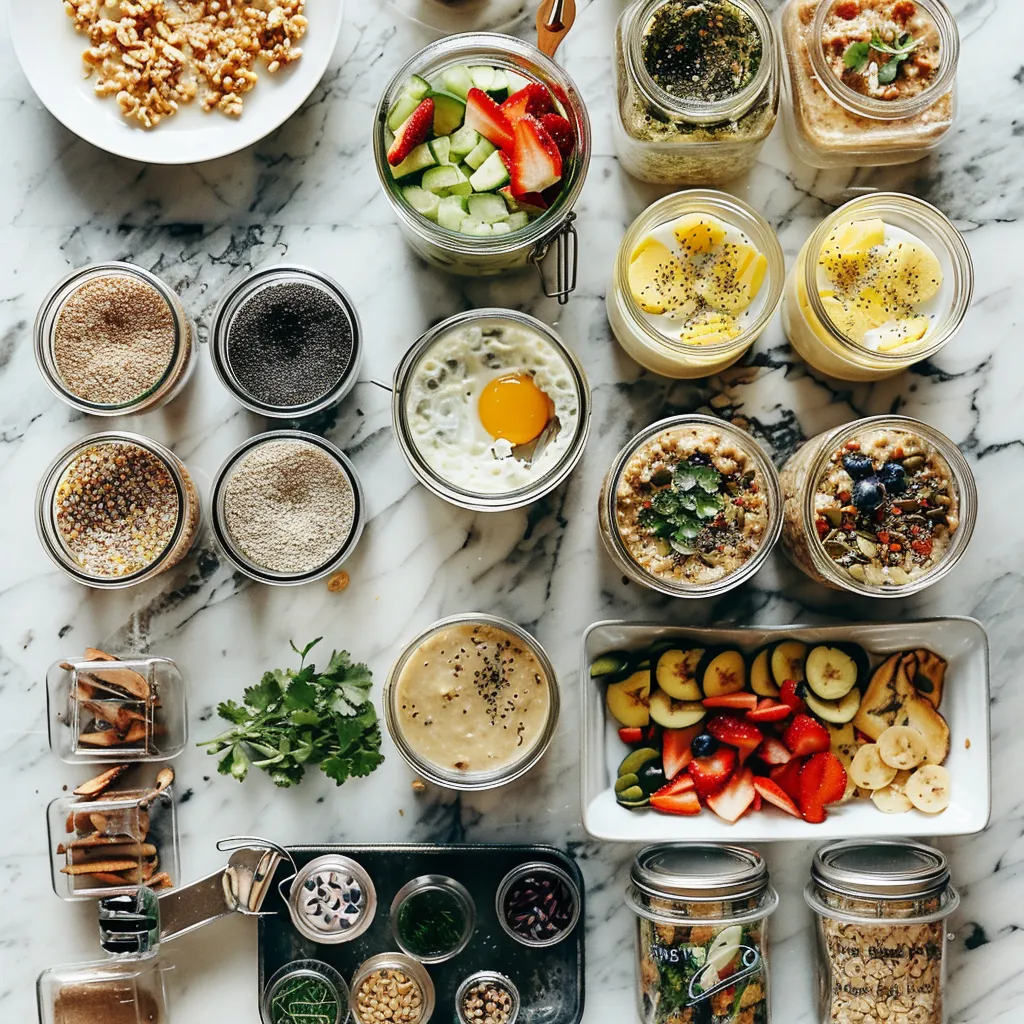 A variety of breakfast meal prep dishes including overnight oats, oatmeal cups, chia pudding, egg muffins, and burritos arranged neatly on a table.