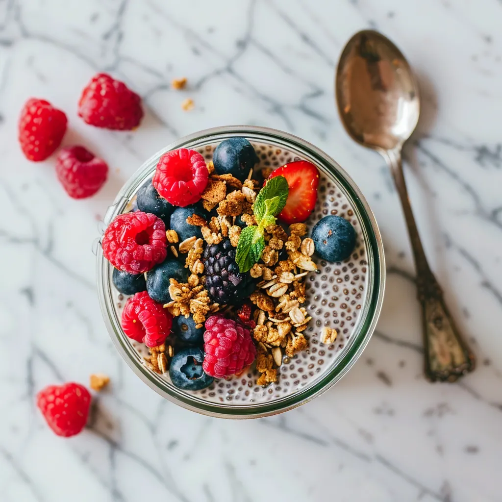 Chia pudding topped with fresh berries and granola in a glass jar.