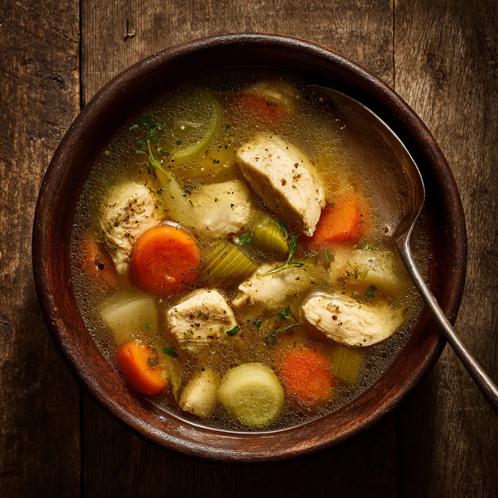 A warm bowl of high-protein chicken soup with tender chicken pieces, vegetables, and rich broth served on a rustic table.